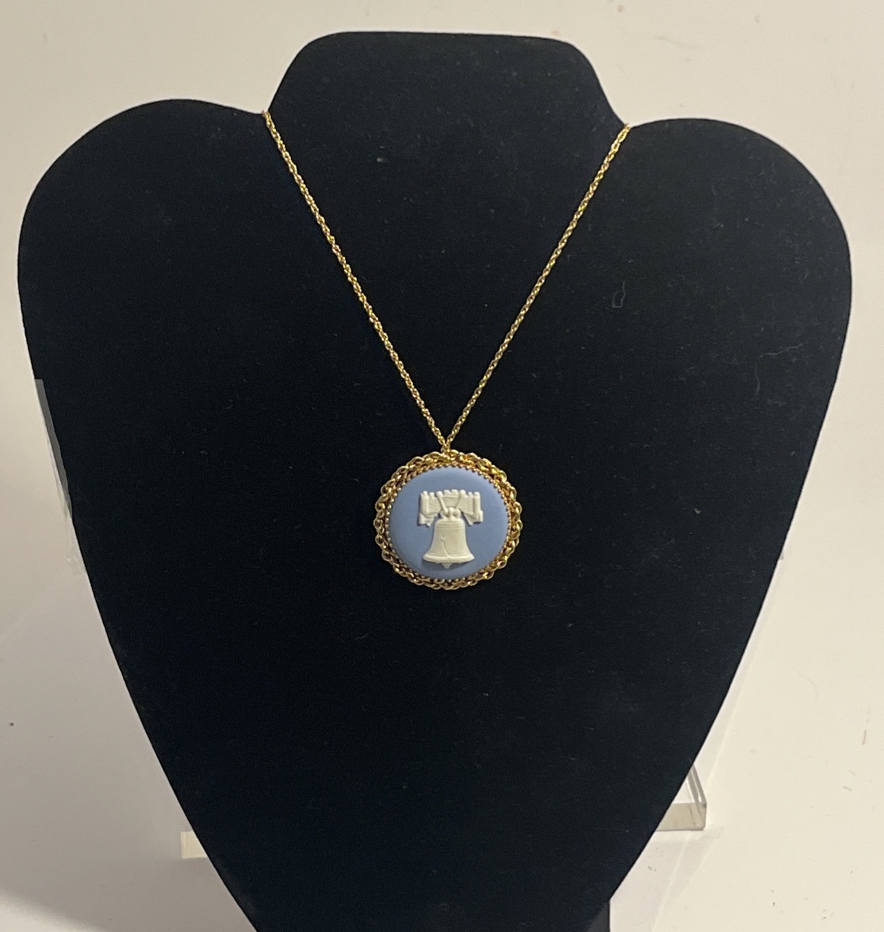 Wedgwood Blue Jasperware Liberty Bell Cameo Pendant Necklace Very Good