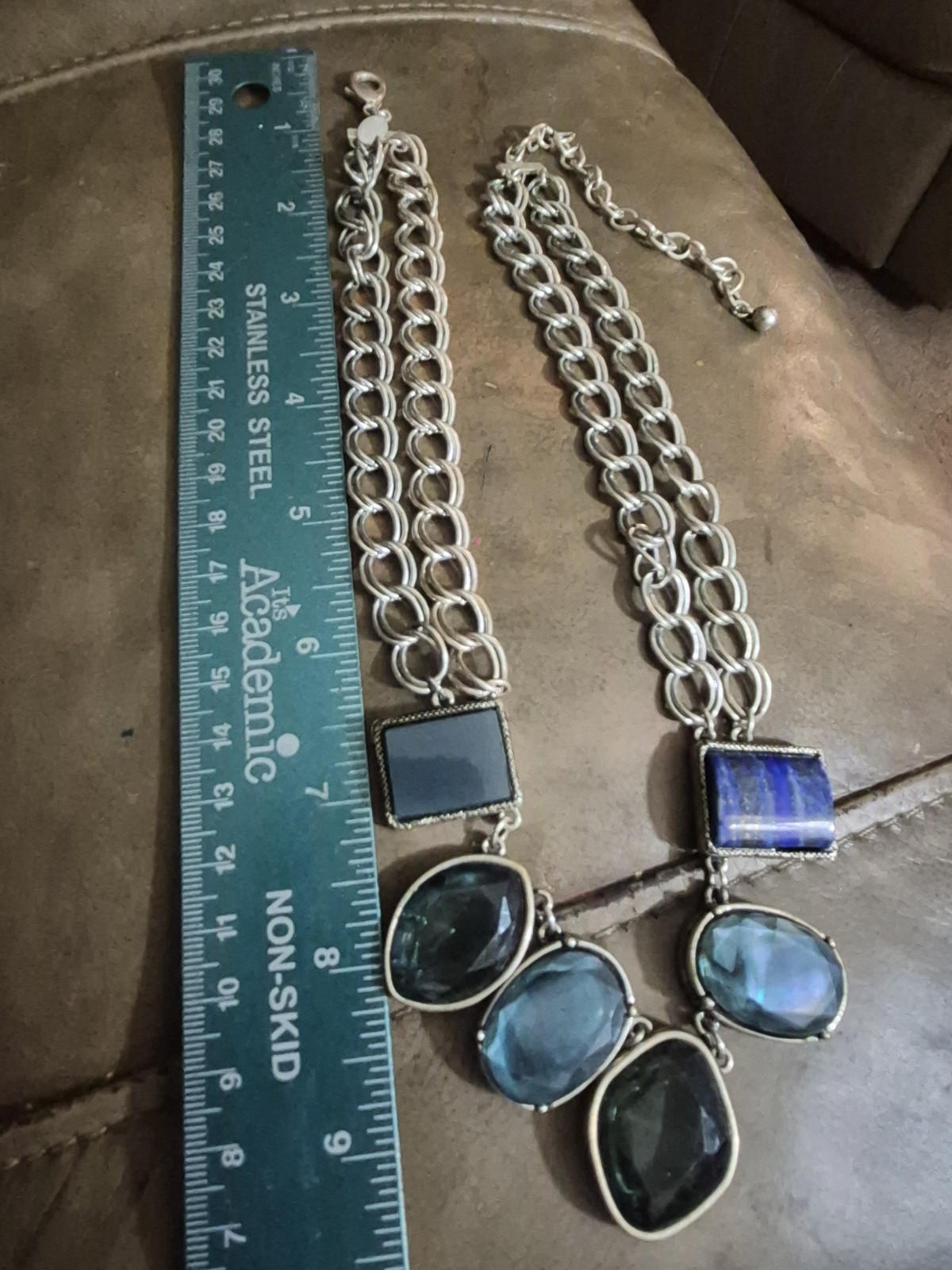 Chico’s Signed Blue Statement Necklace Chunky Silver Multi Strand Vintage 18″-21