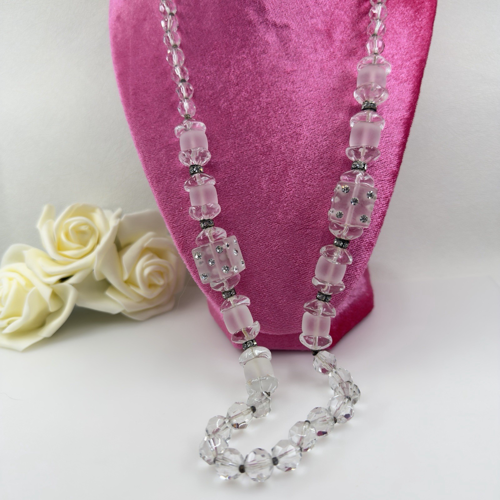 SIGNED Art Deco ▪️ MIRIAM HASKELL Lucite Glass Rhinestone CRYSTAL Clear Necklace