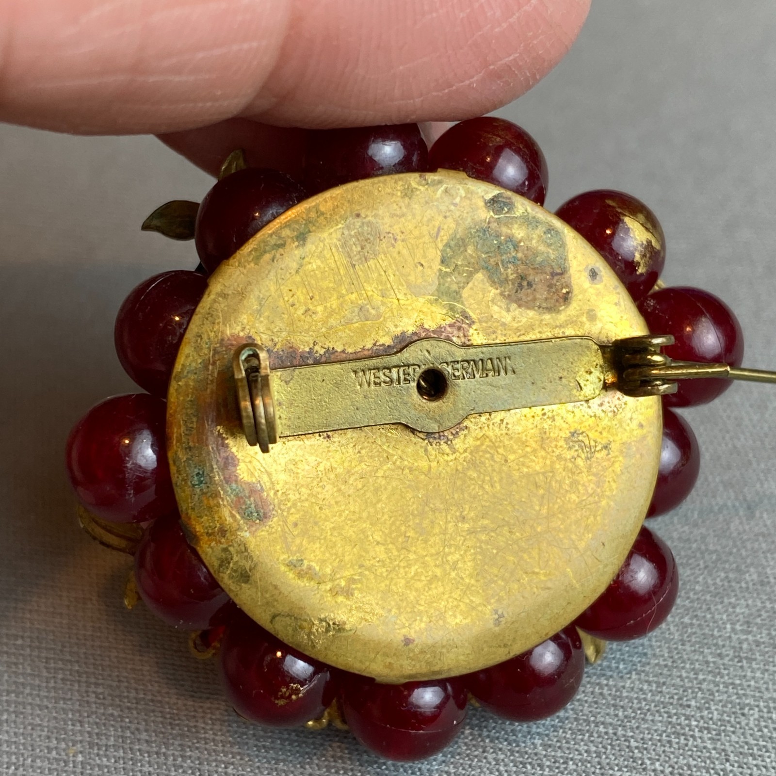 Vintage West Germany Wired Beaded Brooch Frosted Pink & Red Plastic & Gilt Brass