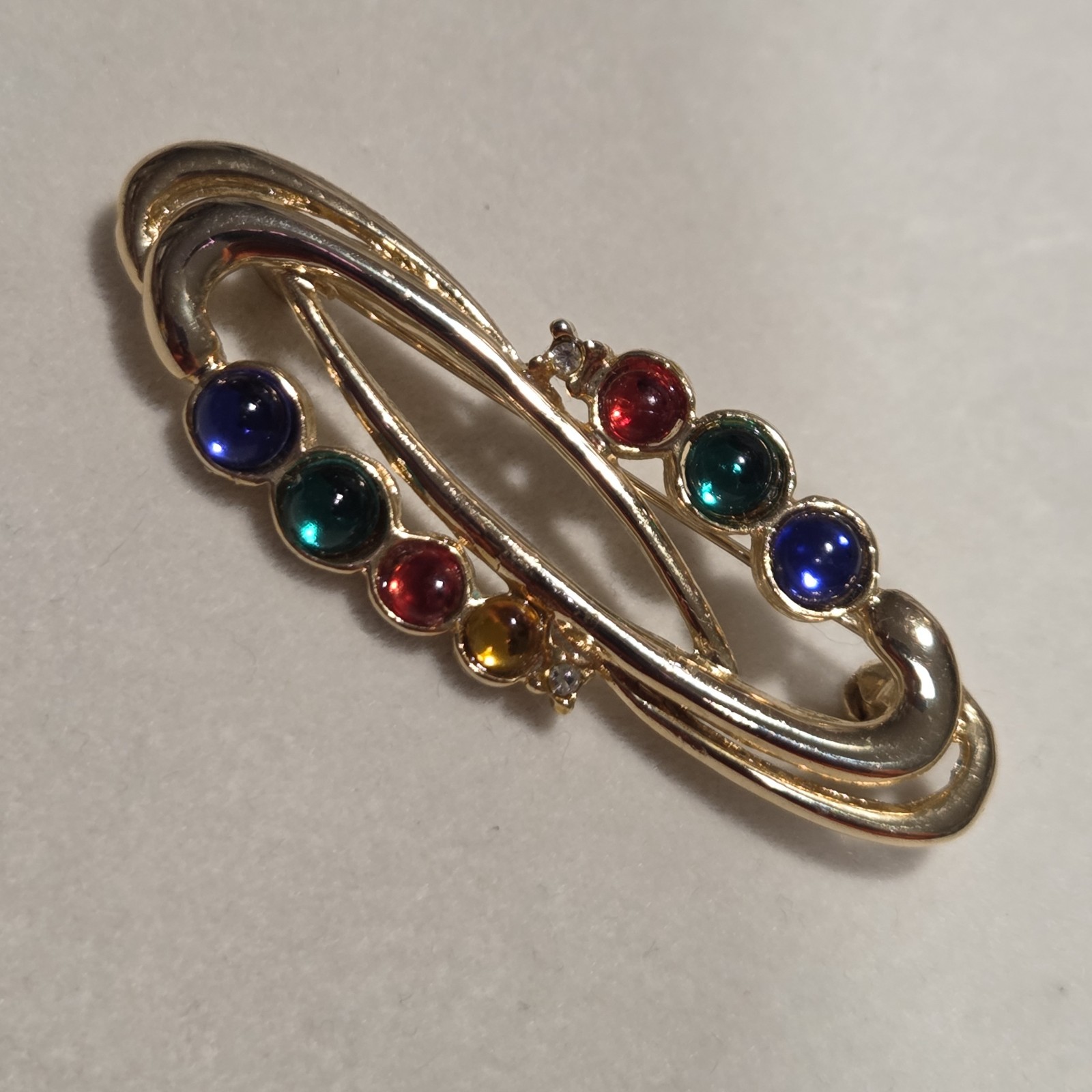 VTG Colorful Cabochons Goldtone Multi Color Swoop Brooch Pin Unsigned Unique