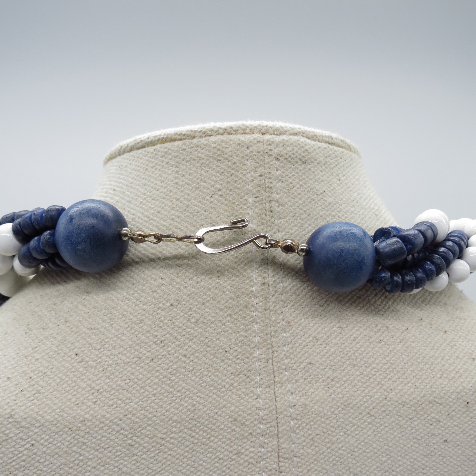 Blue White Bead Torsade Statement Necklace Boho Ethnic 19″