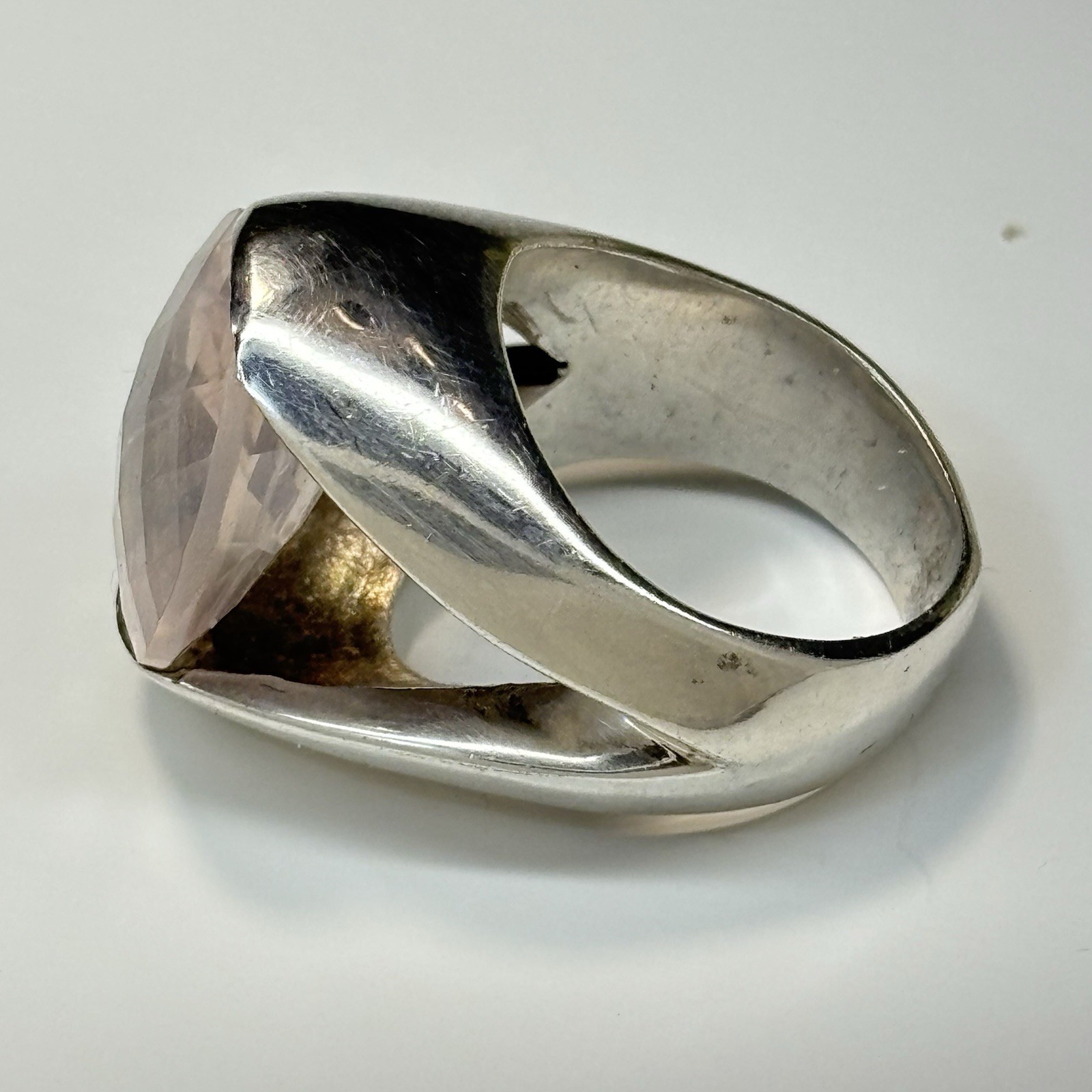 Vtg Hand Cast Sterling Silver 925 Faceted Round Pink Quartz Band Ring Size 7