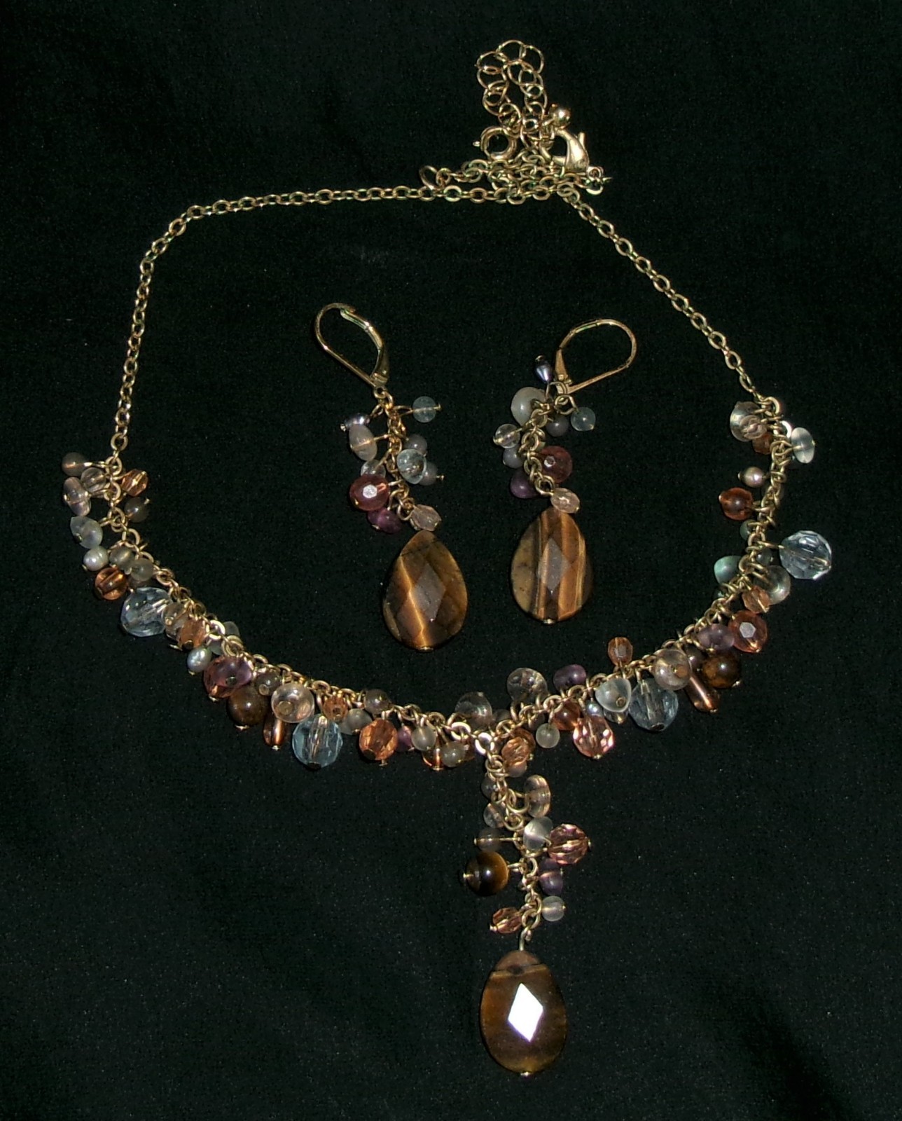 Vintage Tiger’s Eye Necklace/Earring Set-Demi Parure Signed Avon NR-Fall Colors
