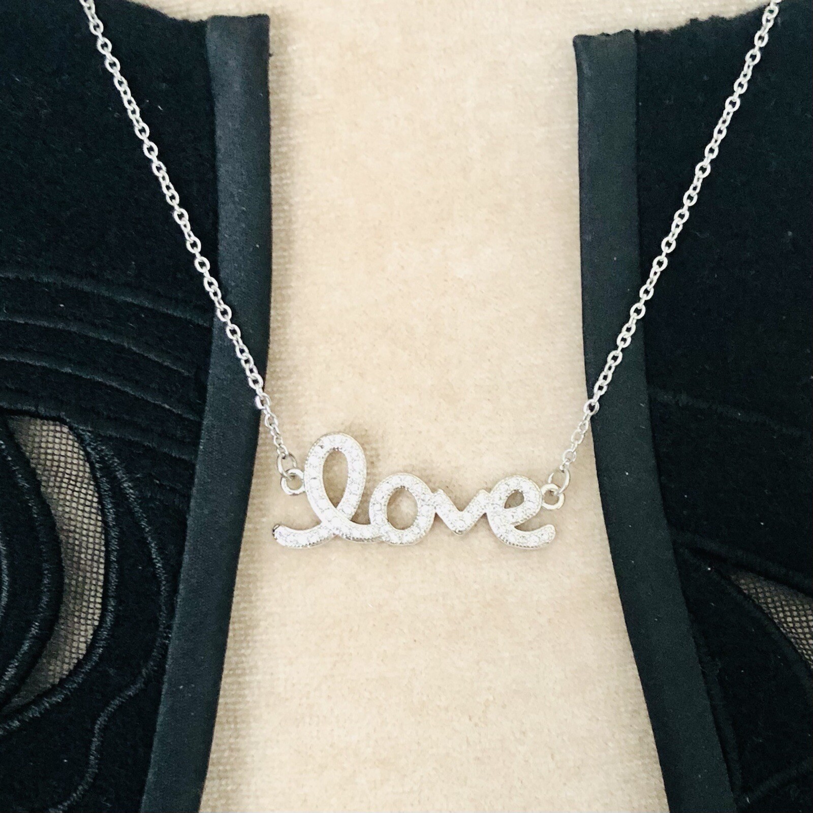 Dainty Rhinestone Love Cursive Word Pendant Necklace Silver Tone Adjustable 21”