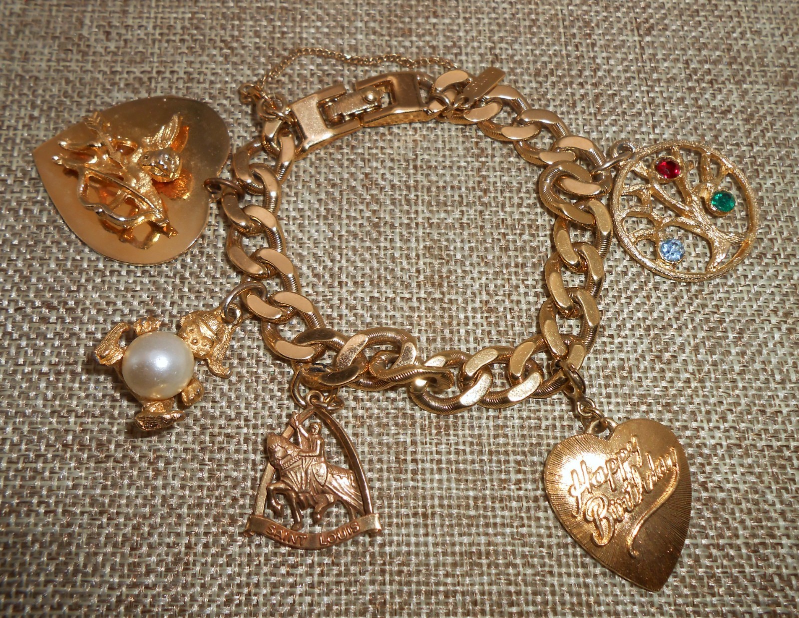 MONET Charm Bracelet & 5 Charms Birthday GF St Louis Family Tree Cupid Elf N30