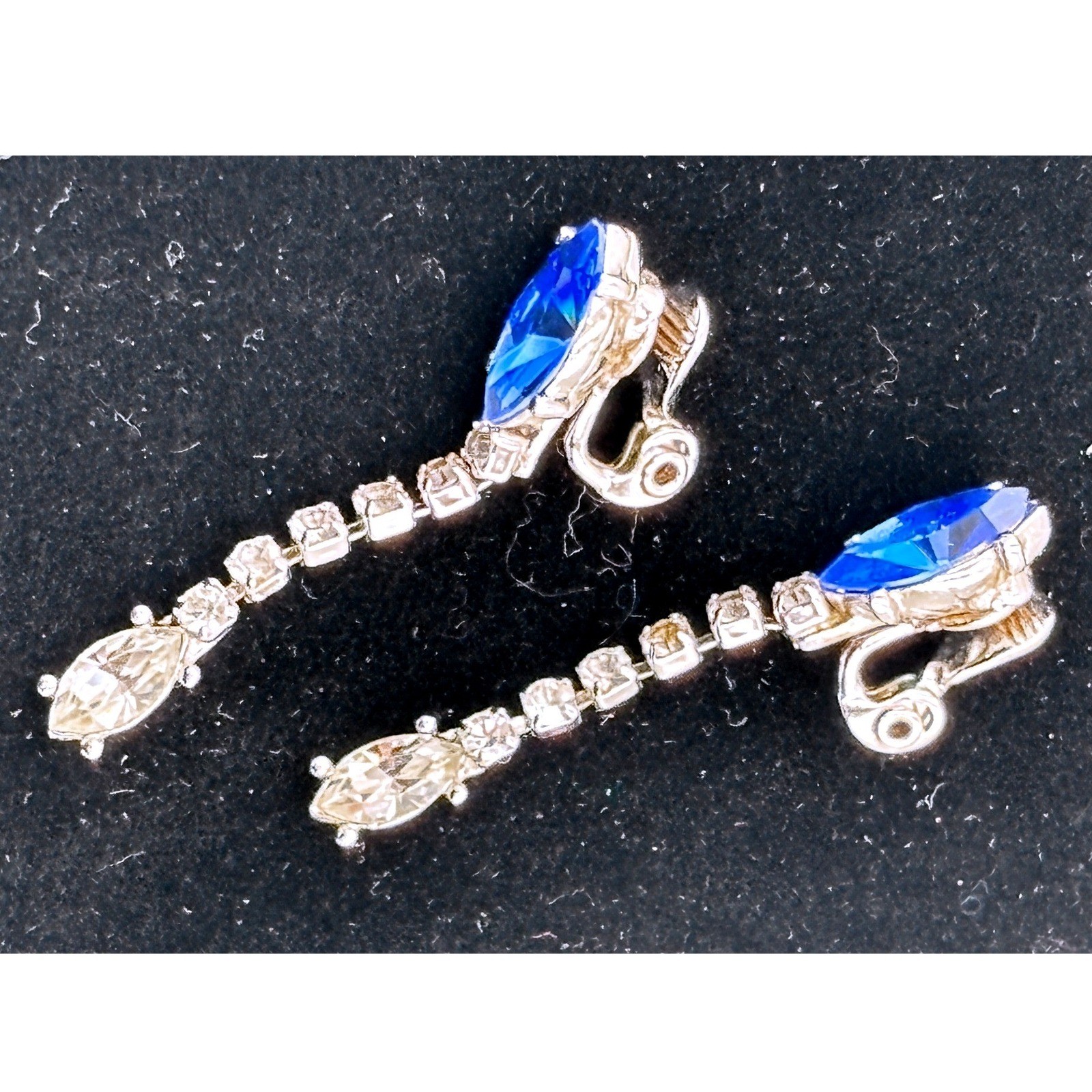 VINTAGE Yves Saint Laurent YSL Vintage Blue Clear Crystal Drop Clip On Earrings
