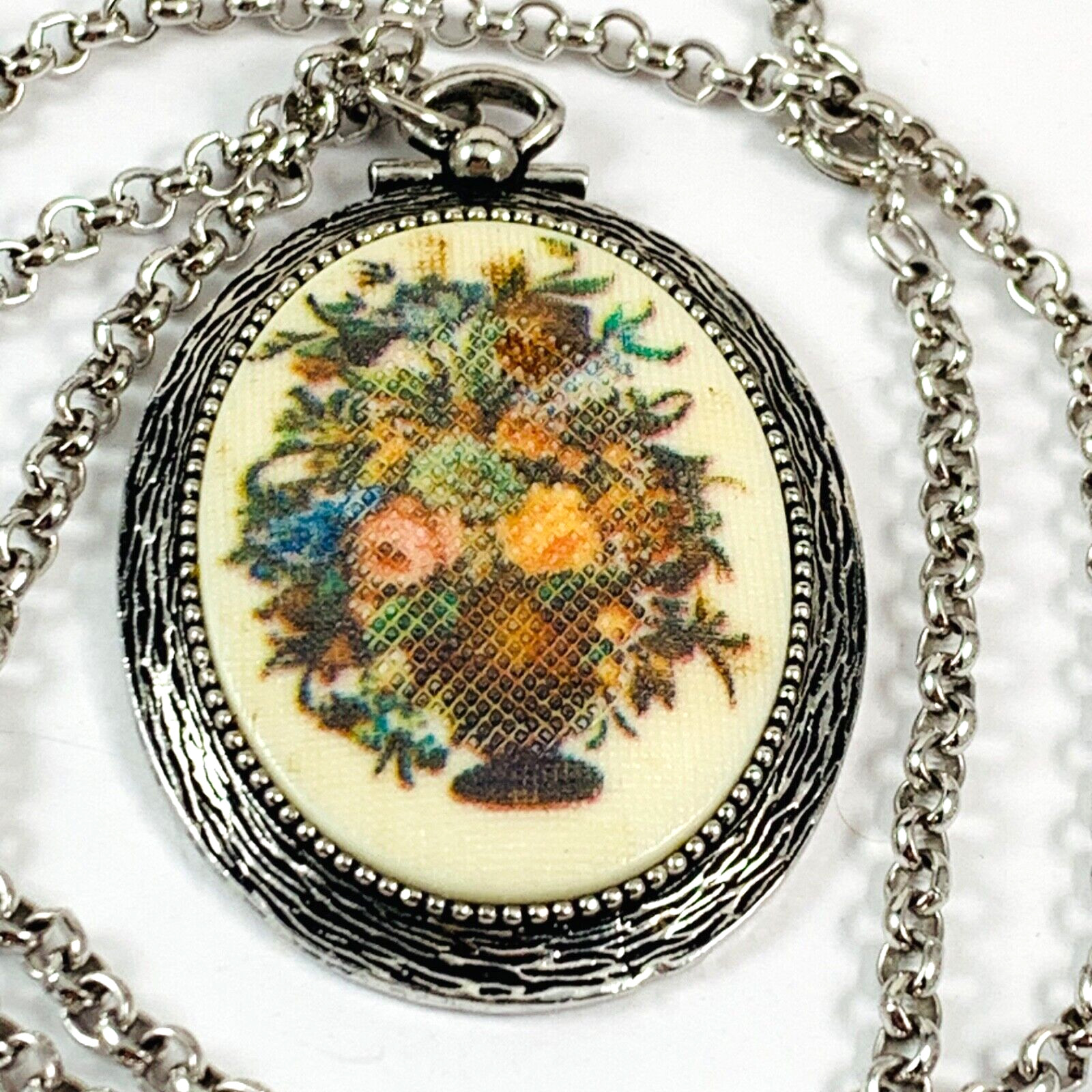 Vintage COVENTRY Signed Oval Flower Tapestry Needlepoint Look Necklace 22″