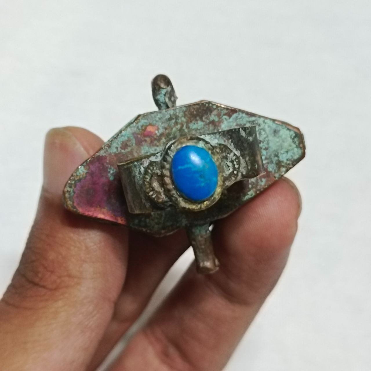 Egyptian Brass Ring Blue Turquoise Cabochon Handmade Vintage Style Jewelry