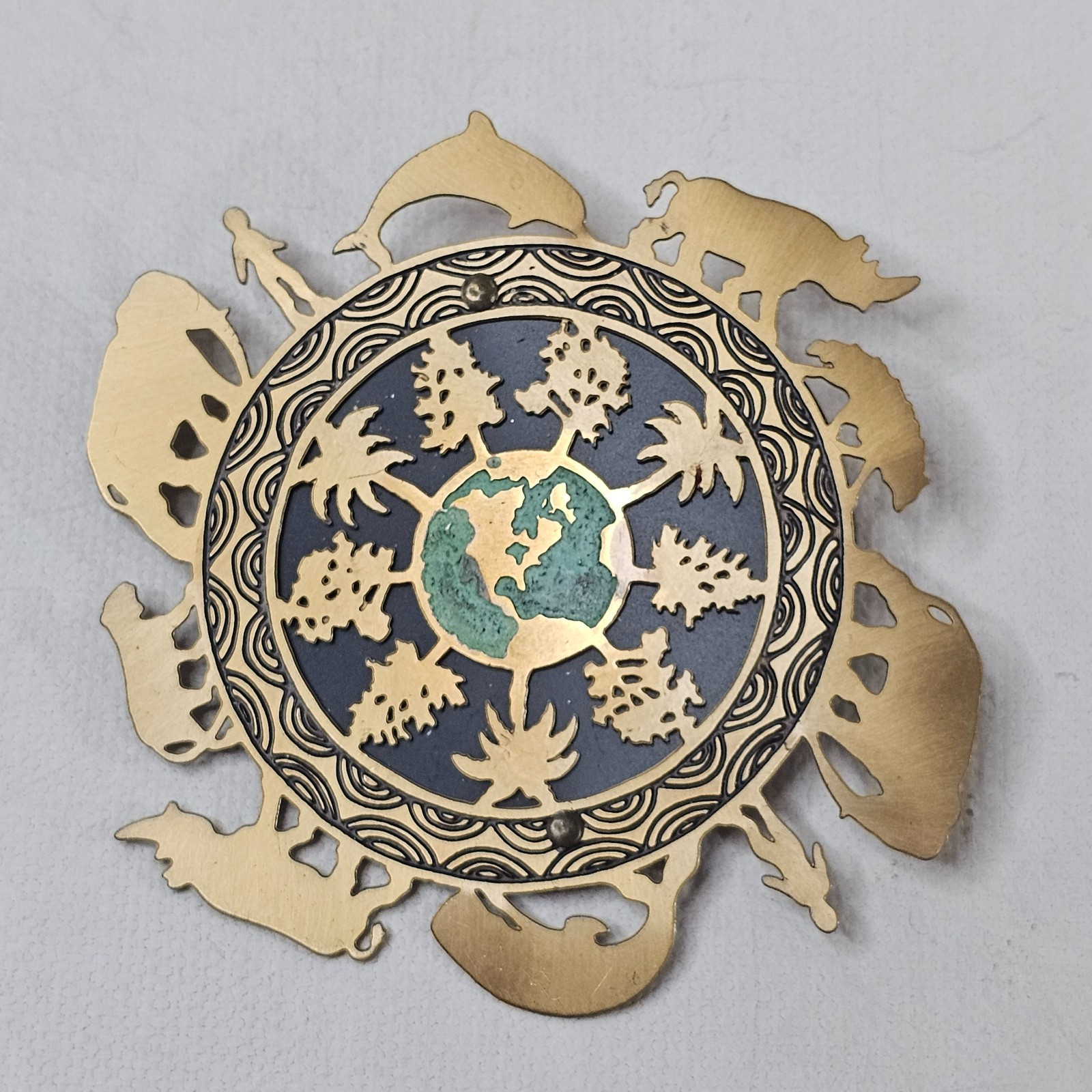 Vintage Signed Silver Forest One World Earth Brooch Brass Cut-Out Animals Trees