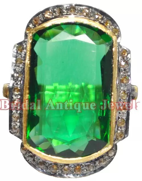1.51ct Rose Cut Diamond Antique Look 925 Sterling Silver Emerald Cocktail Ring