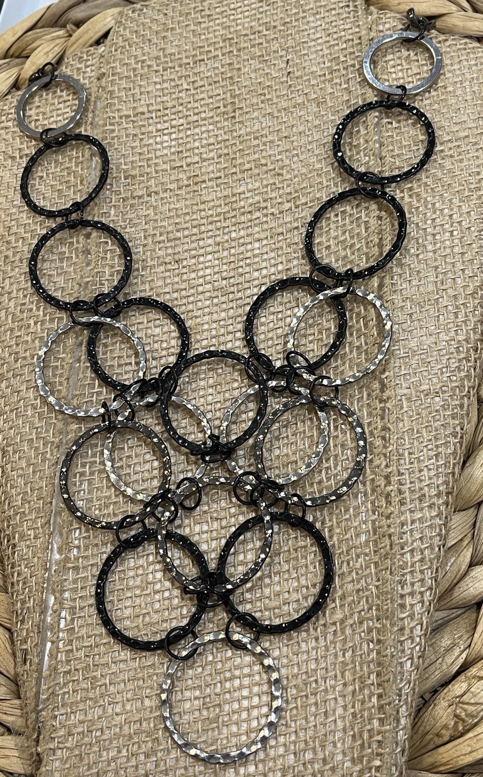 Modernist Hammered Circle Collar Torque Necklace Black Silver Tone Waterfall