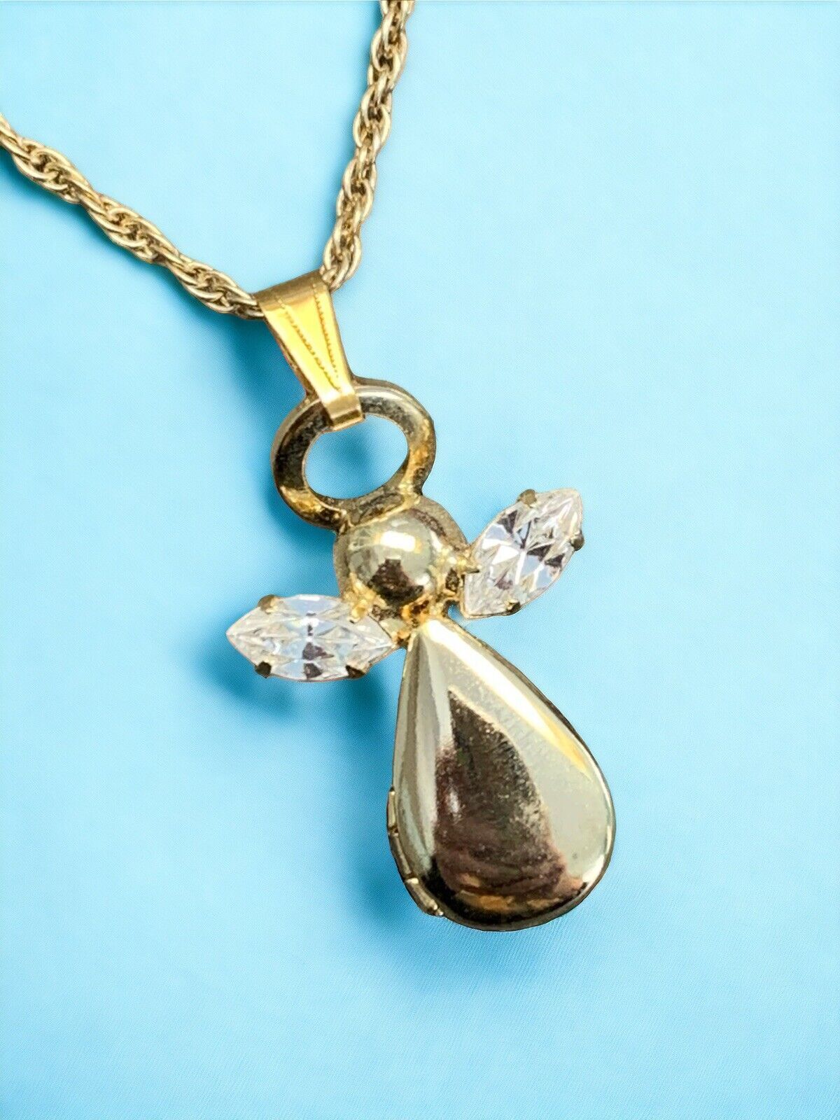 Vintage Angel Picture Locket Cubic Zirconia Pendant Necklace 18 Inches