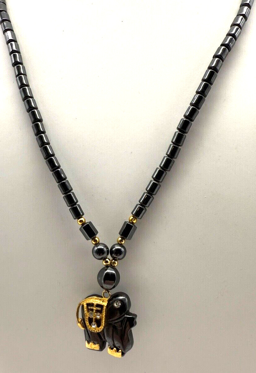 Vintage Hematite & Brass Lucky Elephant Necklace Amulet w/ fish hook clasp 16″