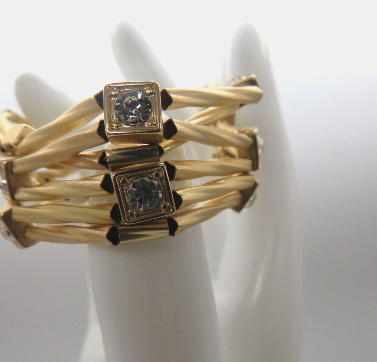 Brushed Gold Tone Stretch Bracelet Six Multi Strand Square Rhinestone Encrusted