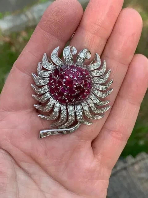 2.80Ct Round Cut Lab-Created Red Ruby Flower Brooch Pin 14K White Gold Plated