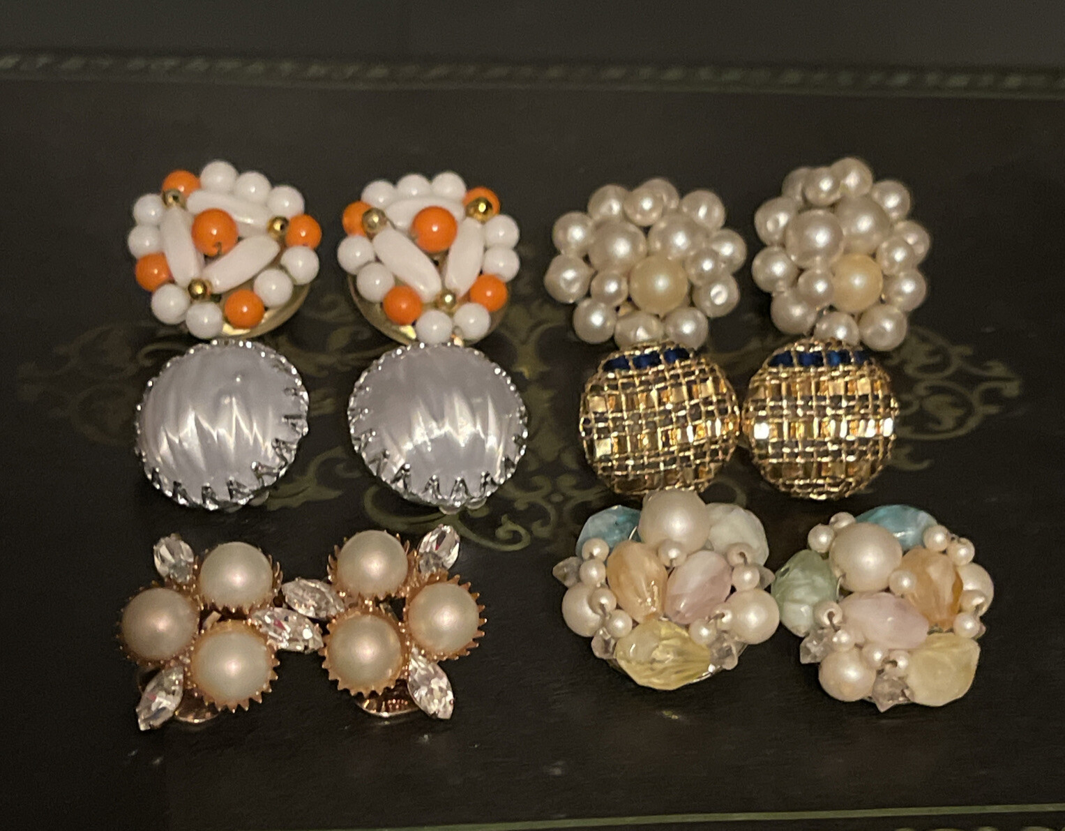 Vintage Beaded Cluster Clip On Estate Earring Lot 1950s Jewelry Hong Kong Japan