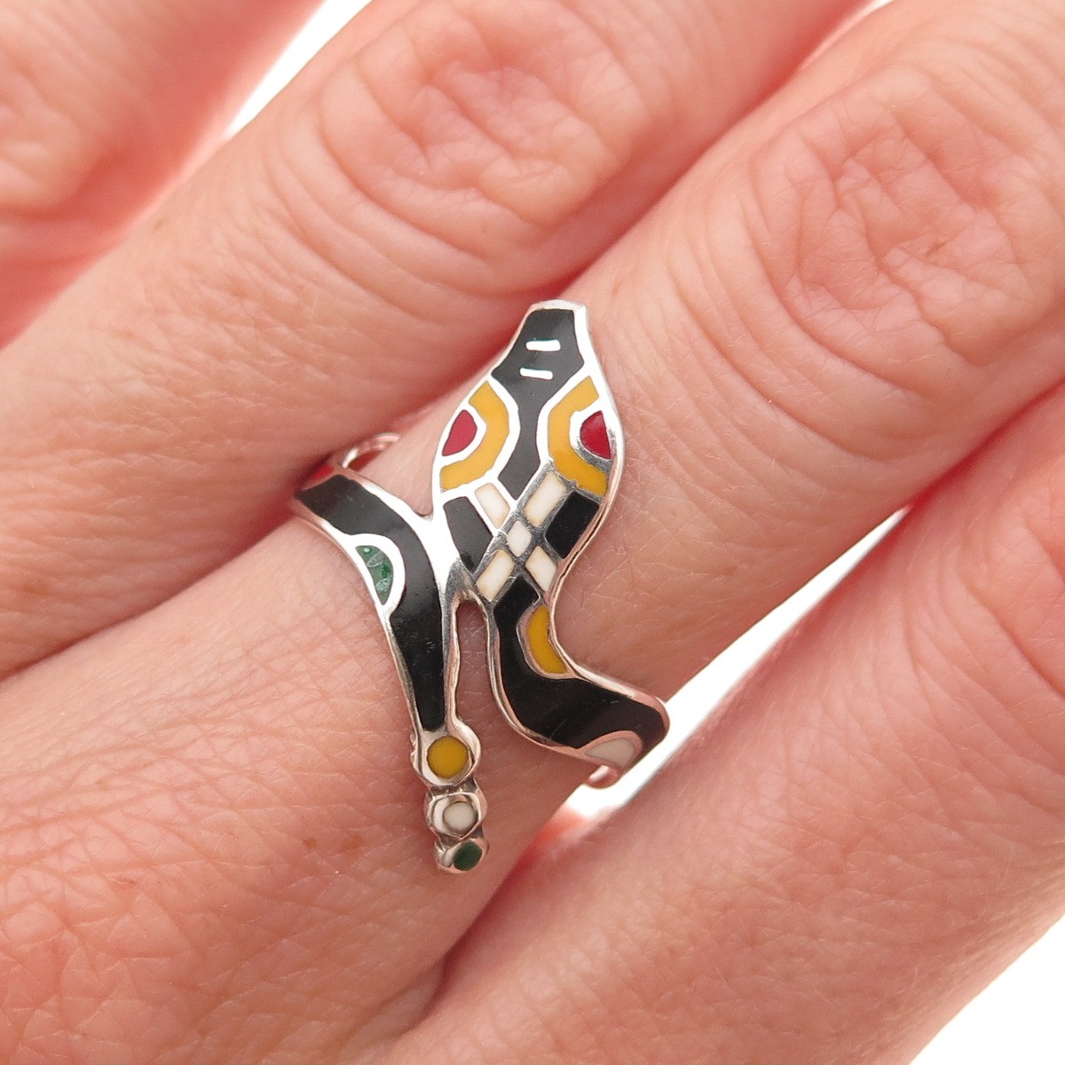 925 Sterling Silver Vintage Mexico Multi-Color Enamel Snake Ring Size 7