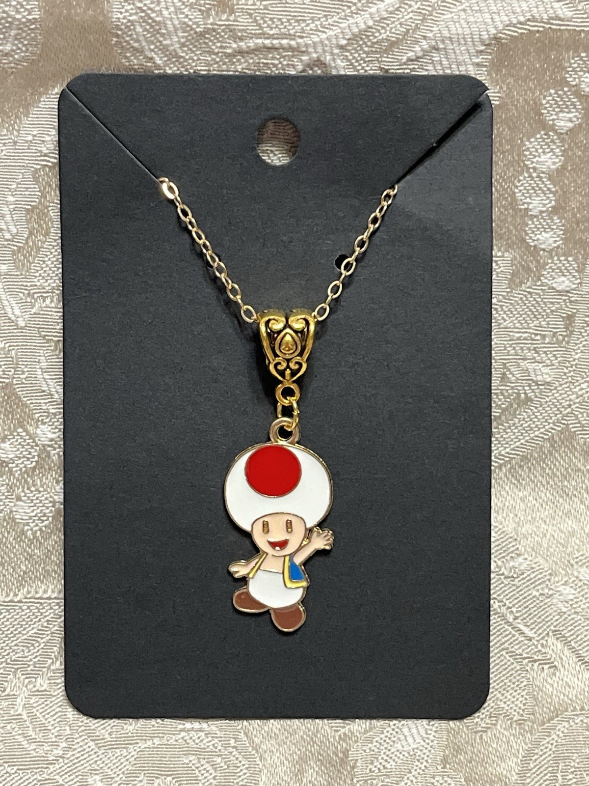 Cartoon Mario Toad Video Game Gold Enamel Bohemian Trendy Necklace 18”