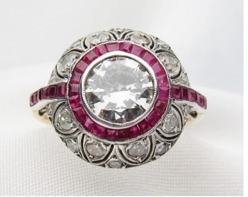 Art Deco Round Lab Created Diamond & Ruby Engagement 14K Yellow Gold Finish Ring