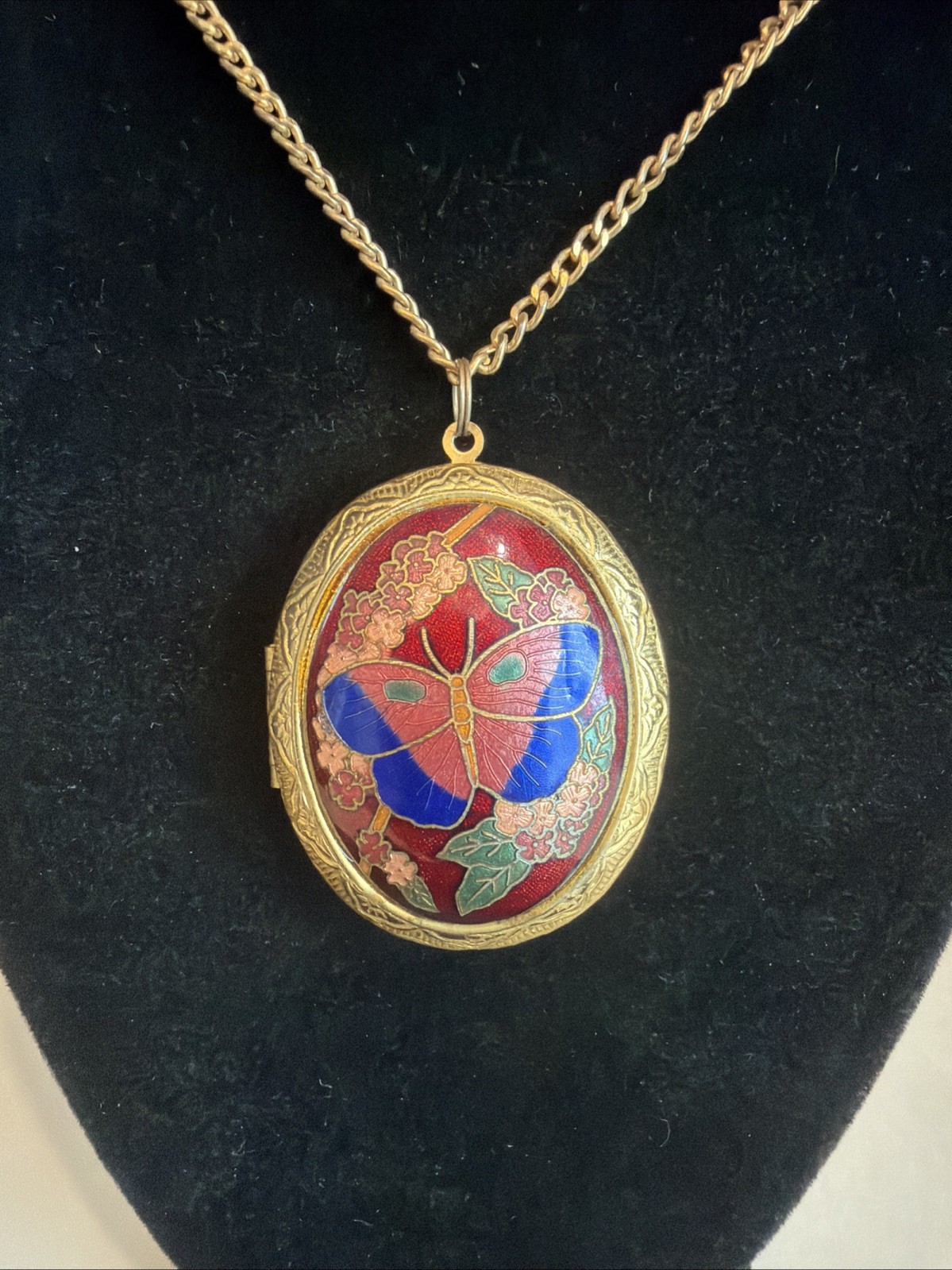Vintage Cloisonne Butterfly Locket Necklace Watch Has Been Removed See Photos