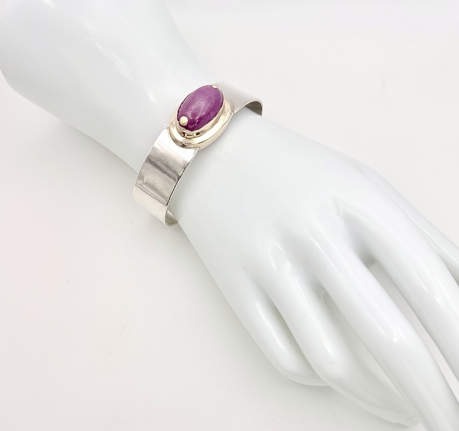 Vintage 14K Solid Yellow Gold & Sterling Silver MCM Cuff Bracelet Pink Cabochon