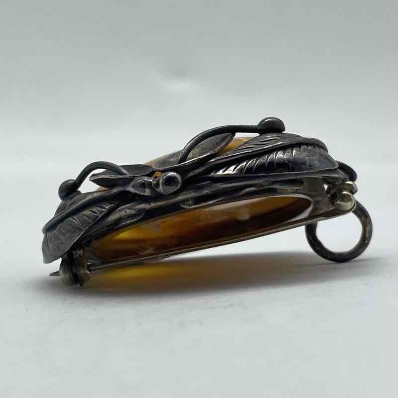 Vintage Sterling Silver 925 Butterscotch Amber Brooch Pendant Art Nouveau Style