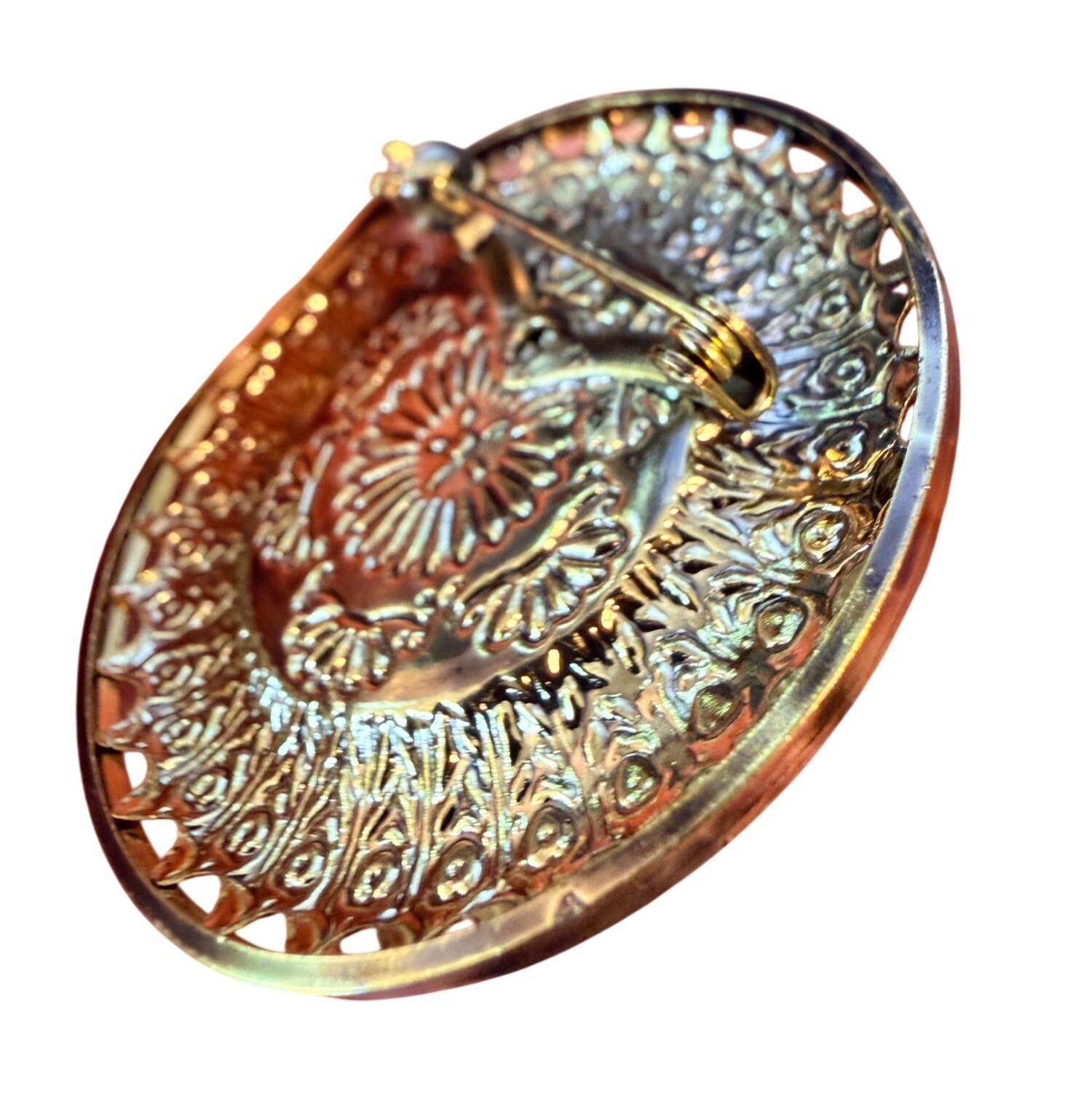 Vintage Reverse Carved Lucite Brooch Gold Tone Floral Pin 1950s New Old Stock