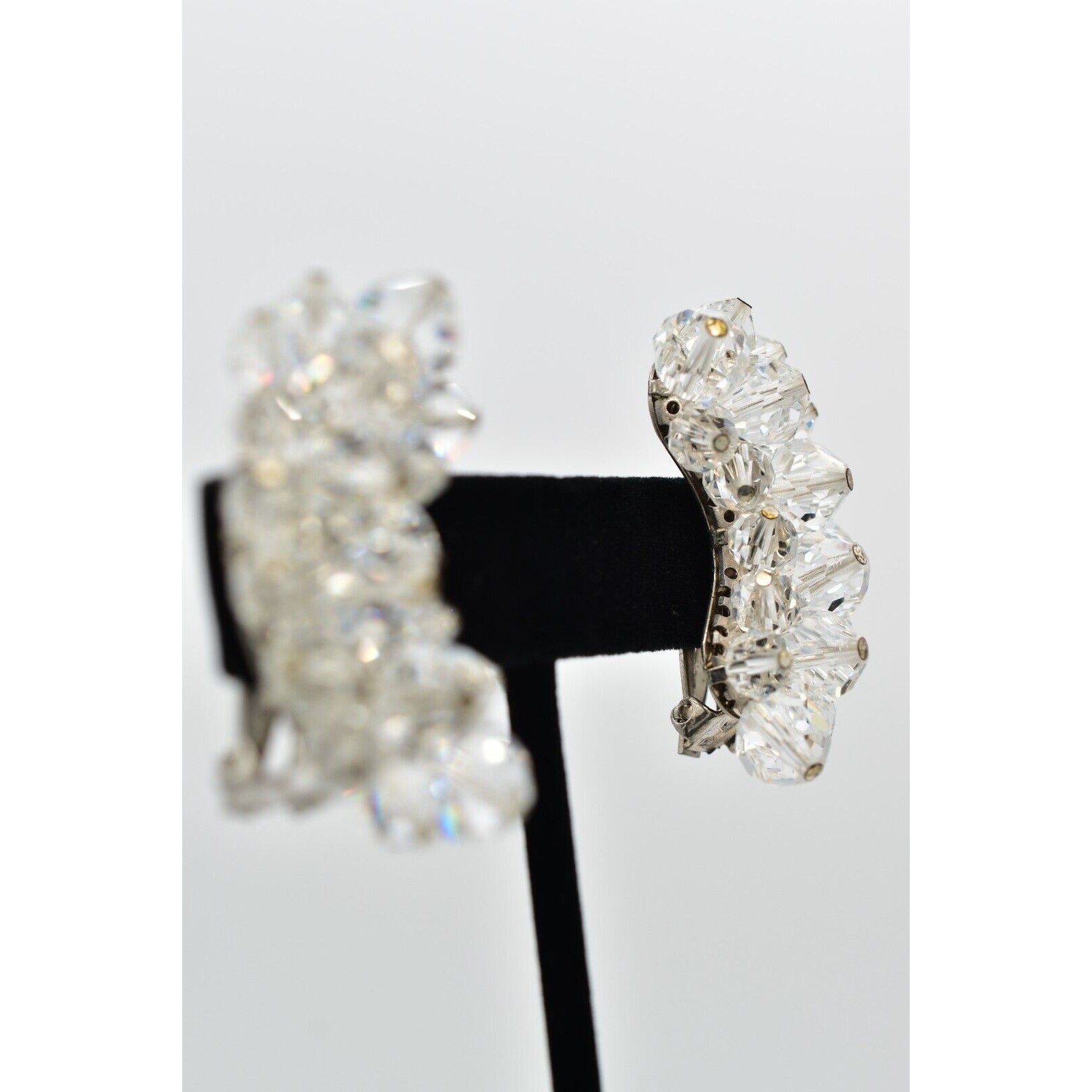 Laguna Vintage Clip On Crystal Earrings Clear Climber Bridal Signed 1950s A24