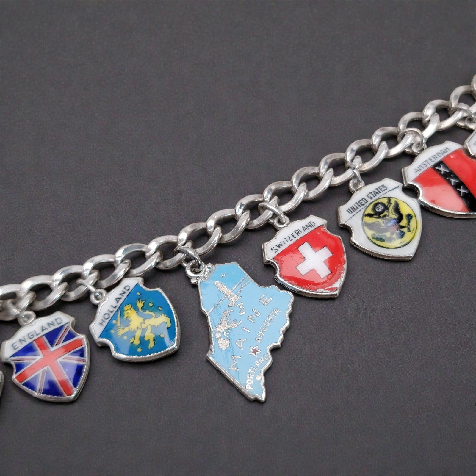 ​VTG Sterling Silver Enamel Travel Shield Charm Bracelet 25g Formosa London Well