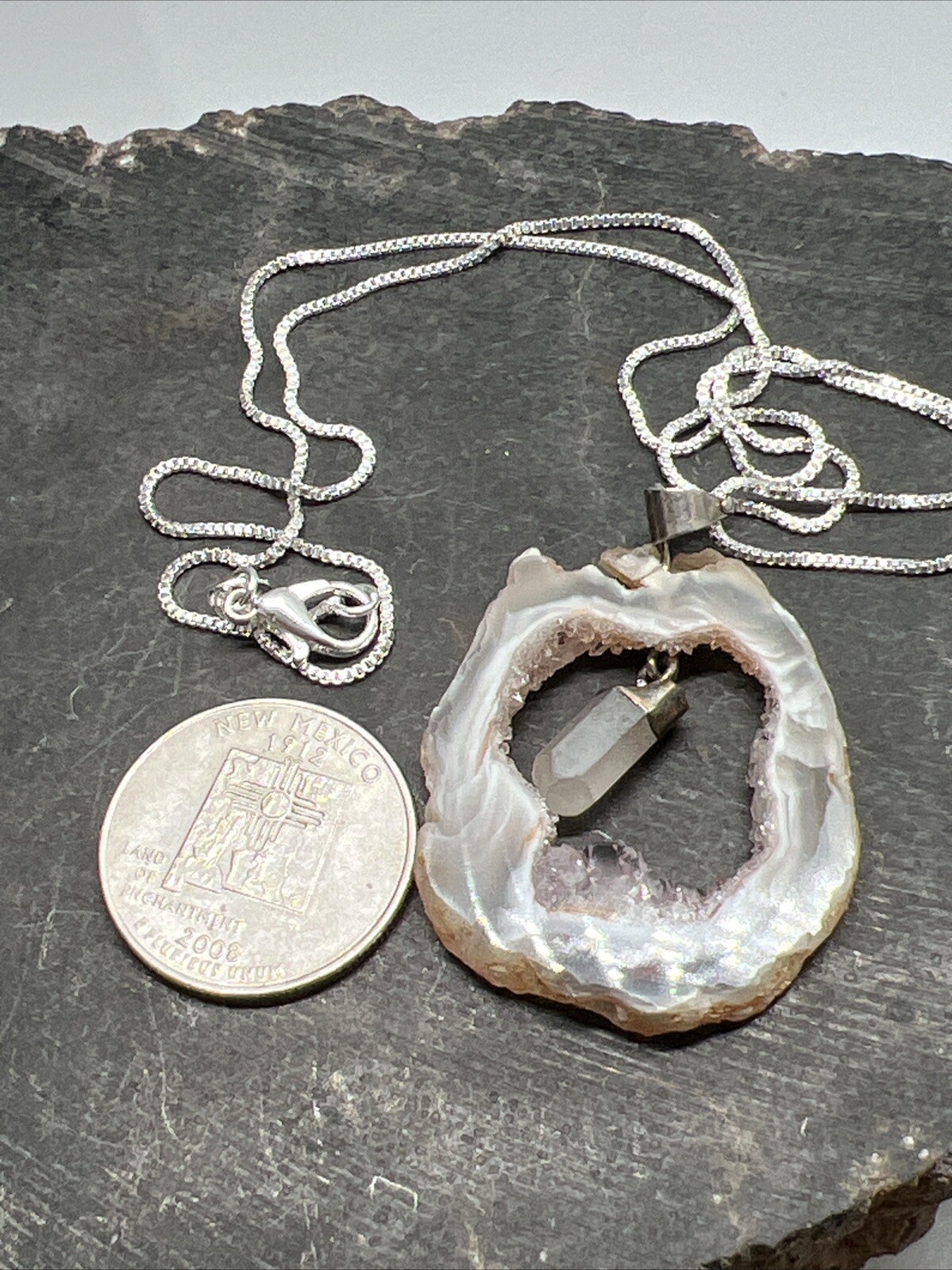 Vintage Druzy Quartz Sliced Pendant On 20″ Sterling Box Chain 10.9 Grams