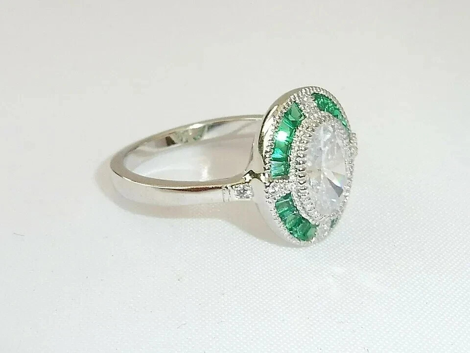 Art Deco Style Lab Created Diamond & Emerald Engagement 14K White Gold FN Ring