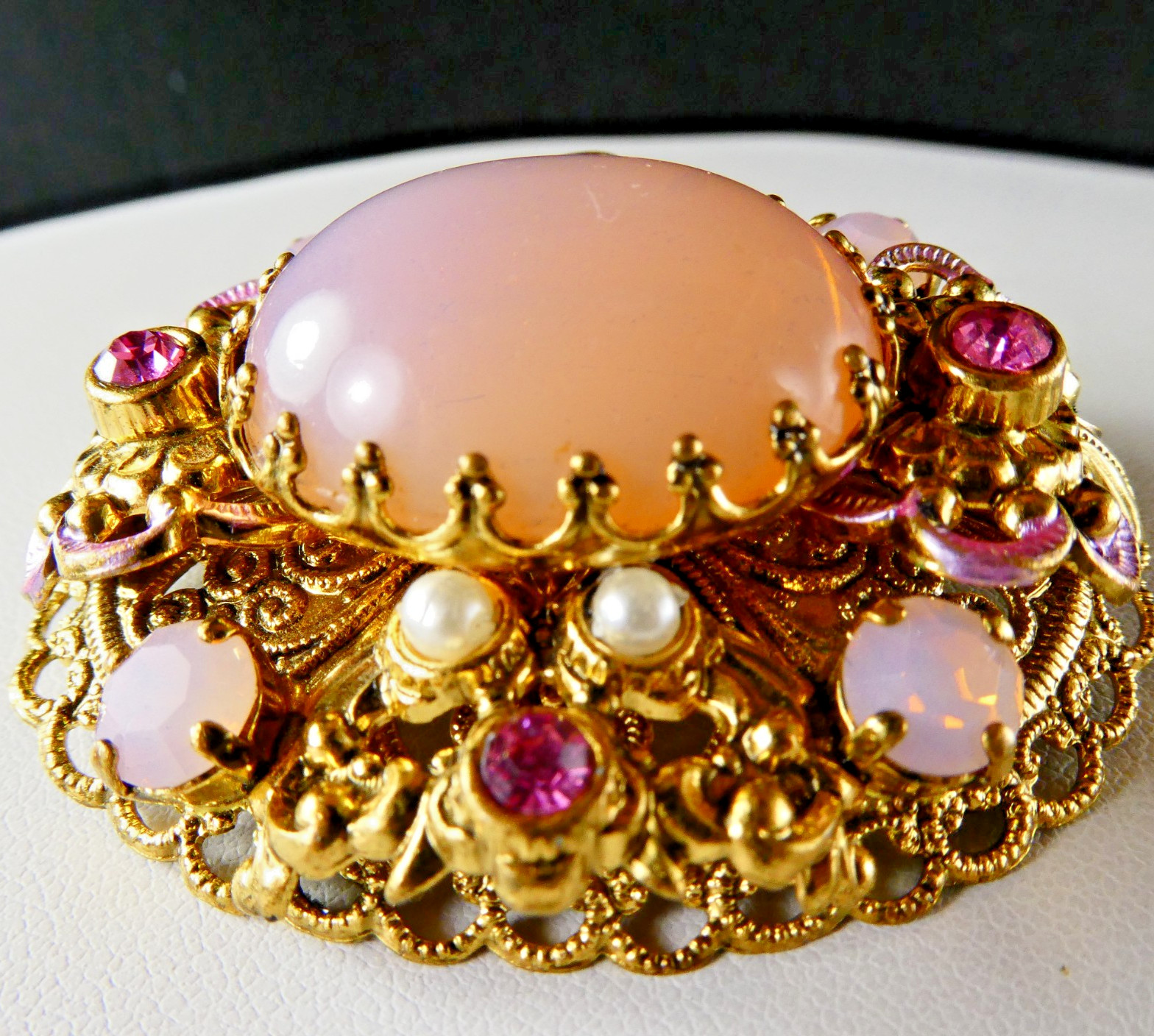 Vintage West Germany Opaline Pink Glass & Rhinestone Filigree Pin Brooch Oval