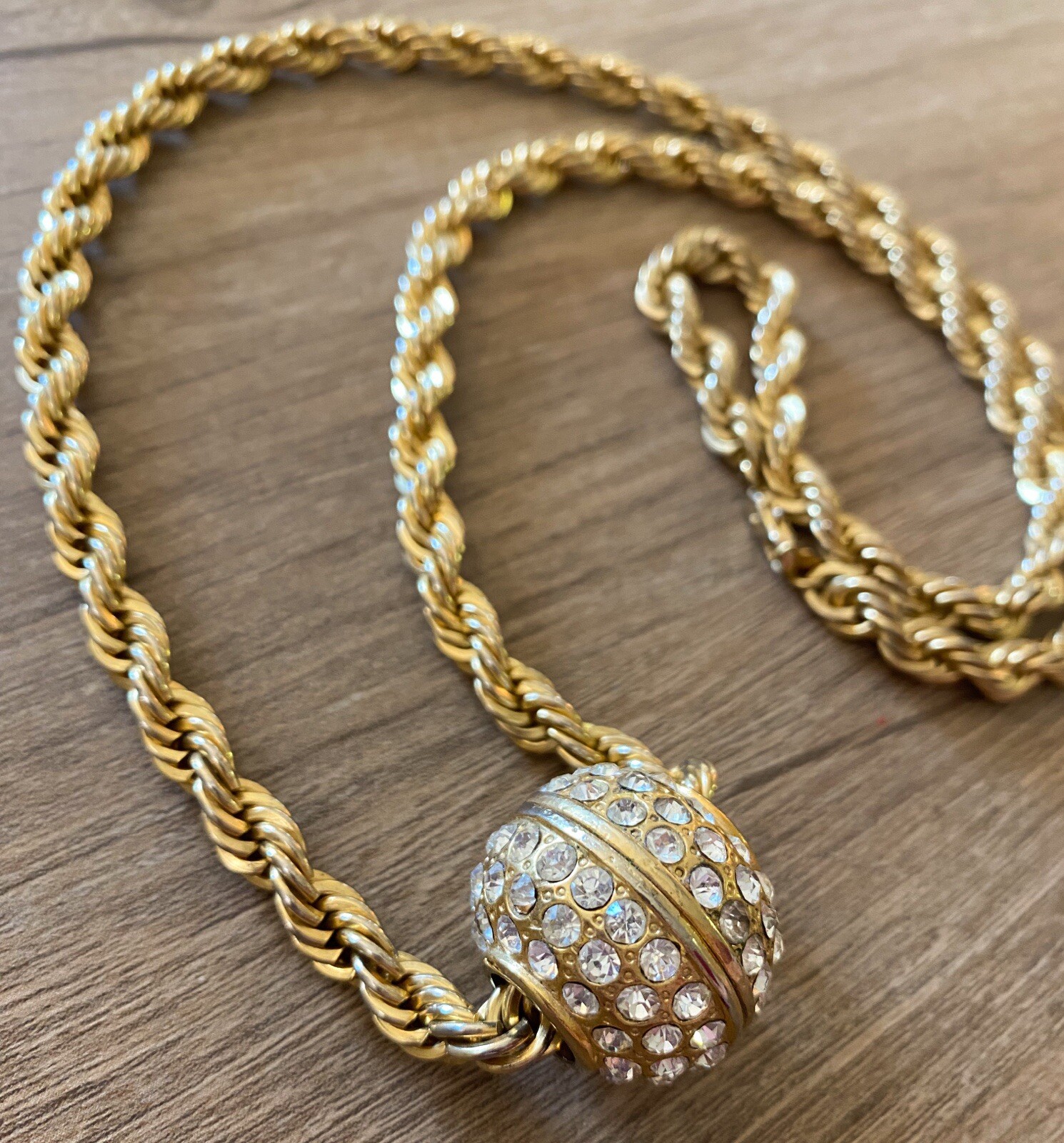 VTG Heavy 14K Gold Plated Rope Chain Crystal Pave Slide Ball Enhancer Necklace