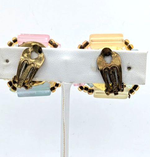 Vintage Pastel Earrings West Germany Lucite Clip On Beaded Mid Century