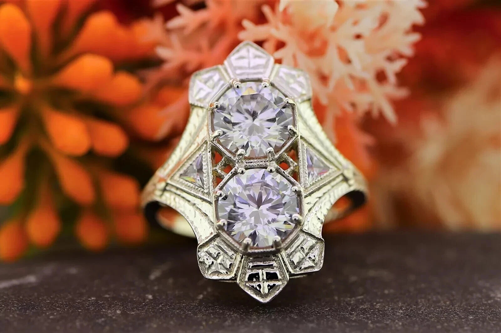 Art Deco Round Lab Created Diamond Two-Stone 14K White Gold FN Engagement Ring