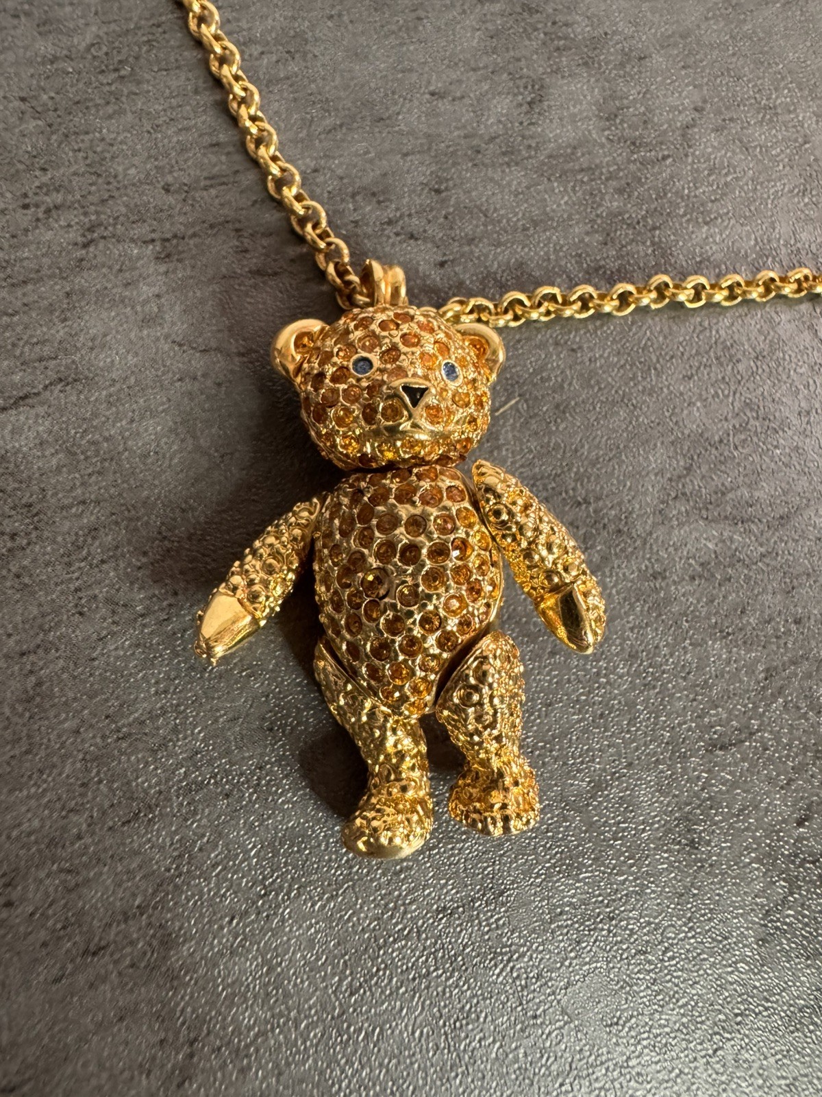 Articulated Bear Necklace And Brooch Set Goldtone With Rhinestones
