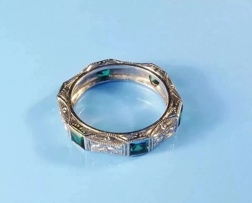 2Ct Art Deco Style Lab Created Emerald Anniversary 14K White Gold Finish Ring