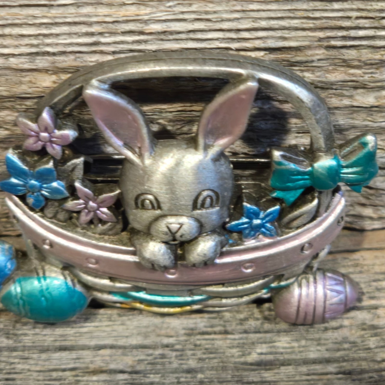 Vintage JJ Bunny Easter Basket Brooch Jonette Jewelry Rabbit Spring Holiday Eggs