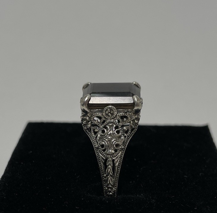 Estate Ring Smokey Gray Quartz Sterling Silver Sz 9.5 Baguette Art Nouveau Style