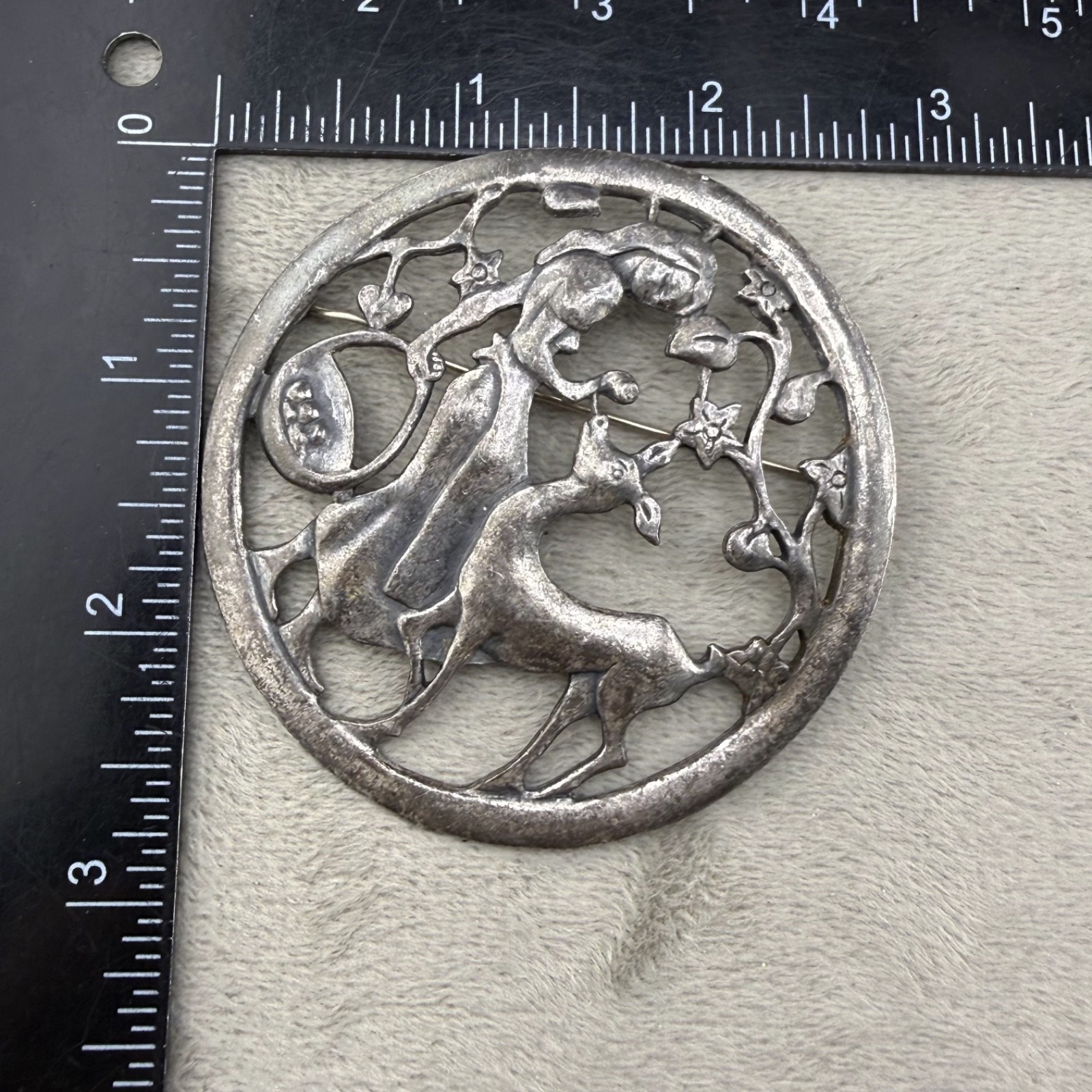 Vintage Little Nemo Brooch Silver Tone Girl with Deer Signed