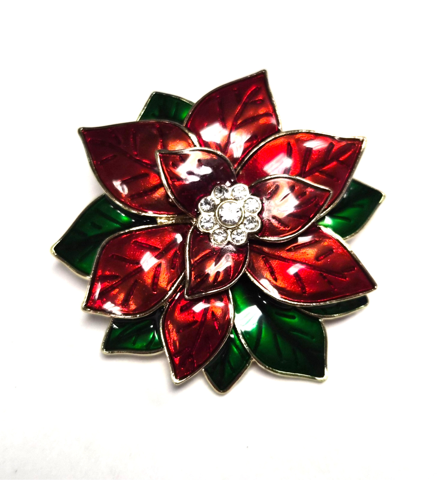 Vintage 90’s Festive Christmas Rhinestone Poinsettia Flower Pin / Brooch