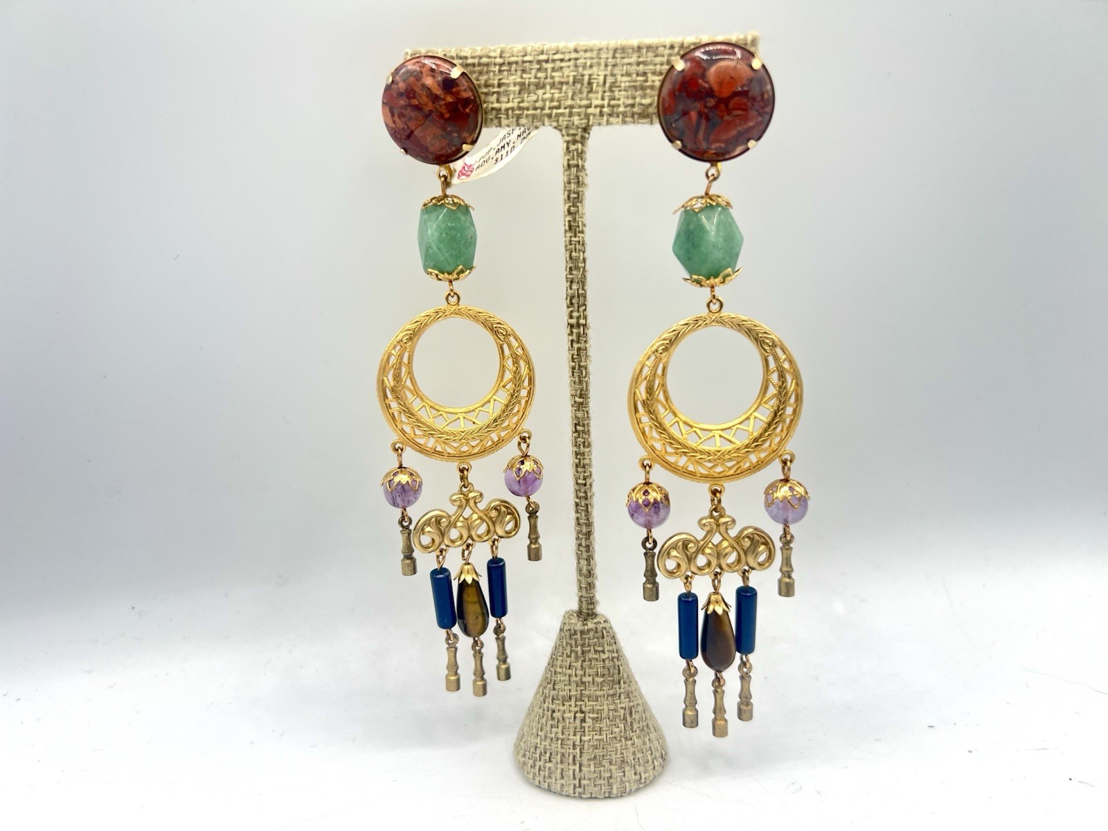 VTG Chandelier Gemstone Bead Pierced Earrings Saks Fifth Ave NOS RO-DO 1980s