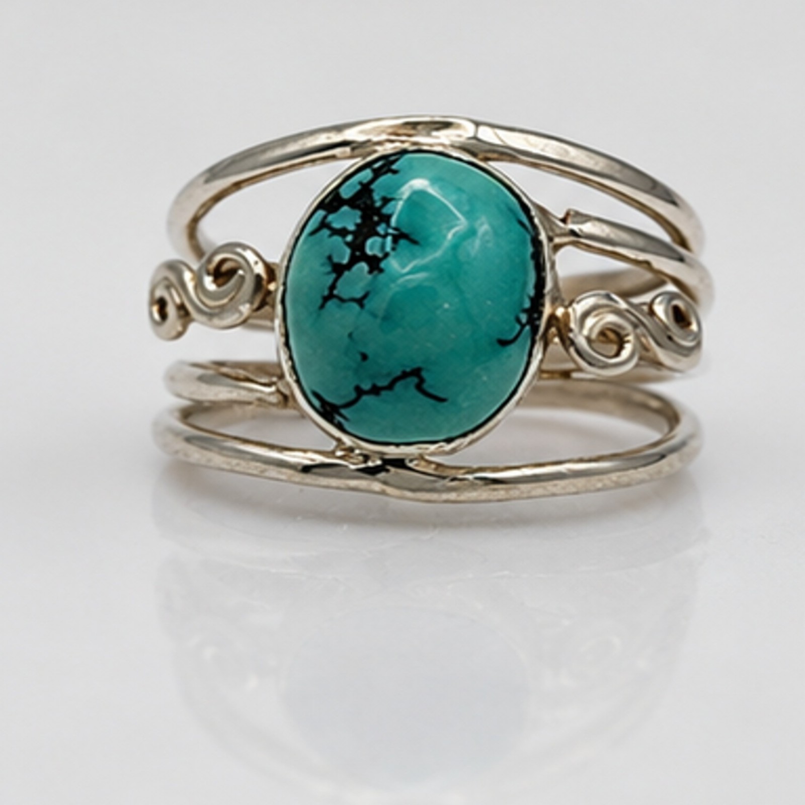 Turquoise Ring Sterling Silver Boho Oval Gemstone Multi Band Bypass 925