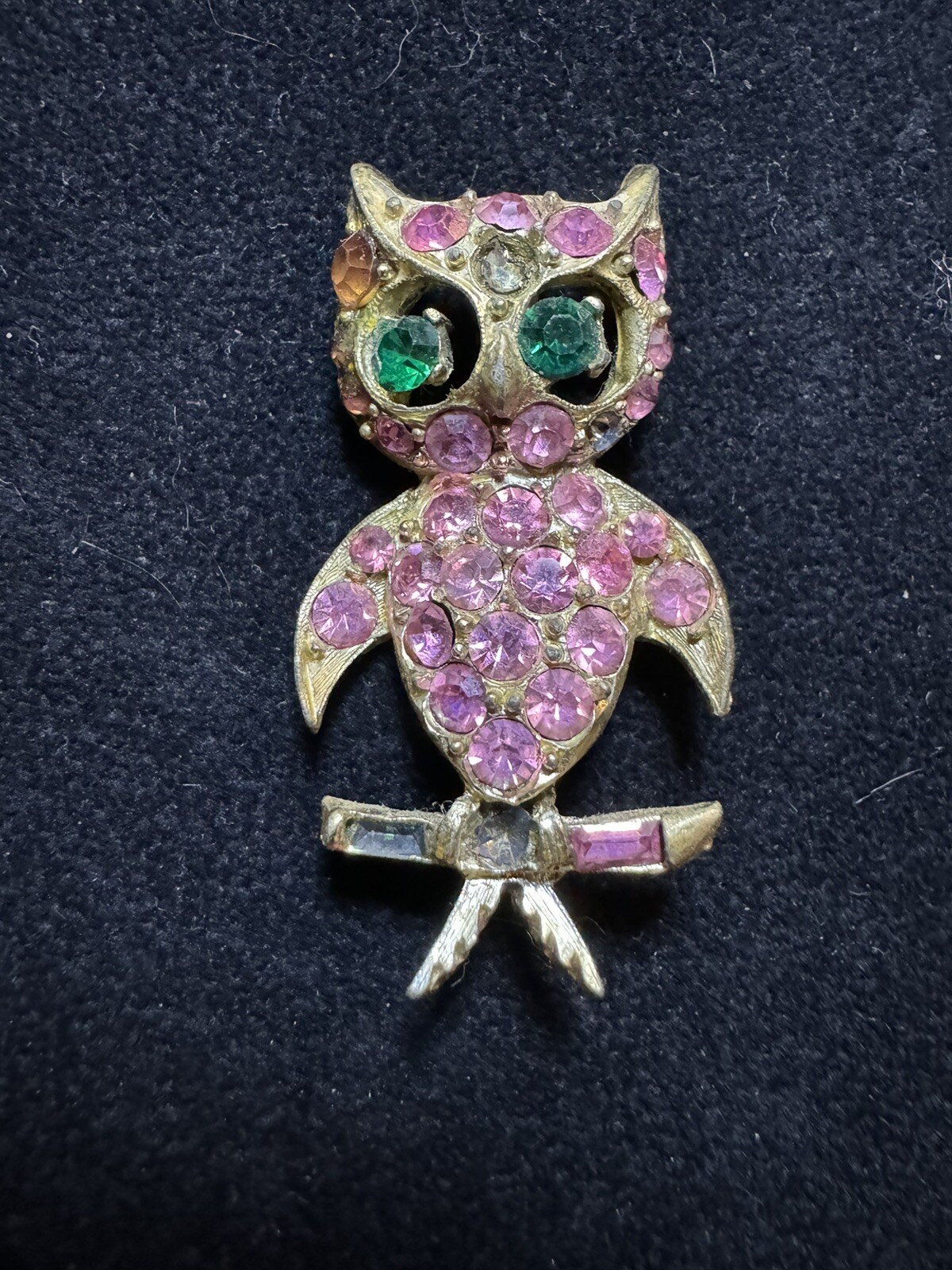 PELL Pink Rhinestone Owl Green Crystal Eyes Brooch Pin Vintage
