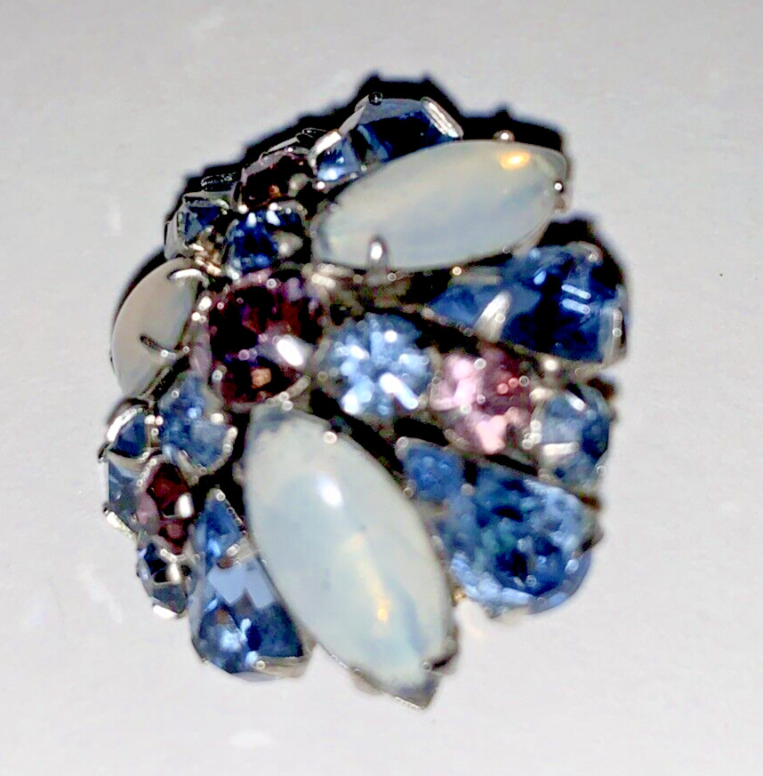 Silver Tone Faceted Purple and Blue Rhinestone Pin 3 White Oval Stones Brooch
