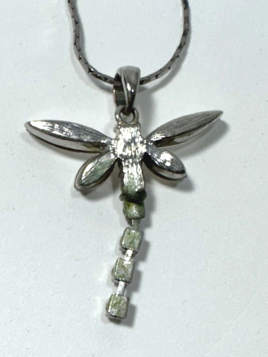 Vintage Style Silvertone Dragonfly Pendant 25 In Rhinestone Sparkly Chain
