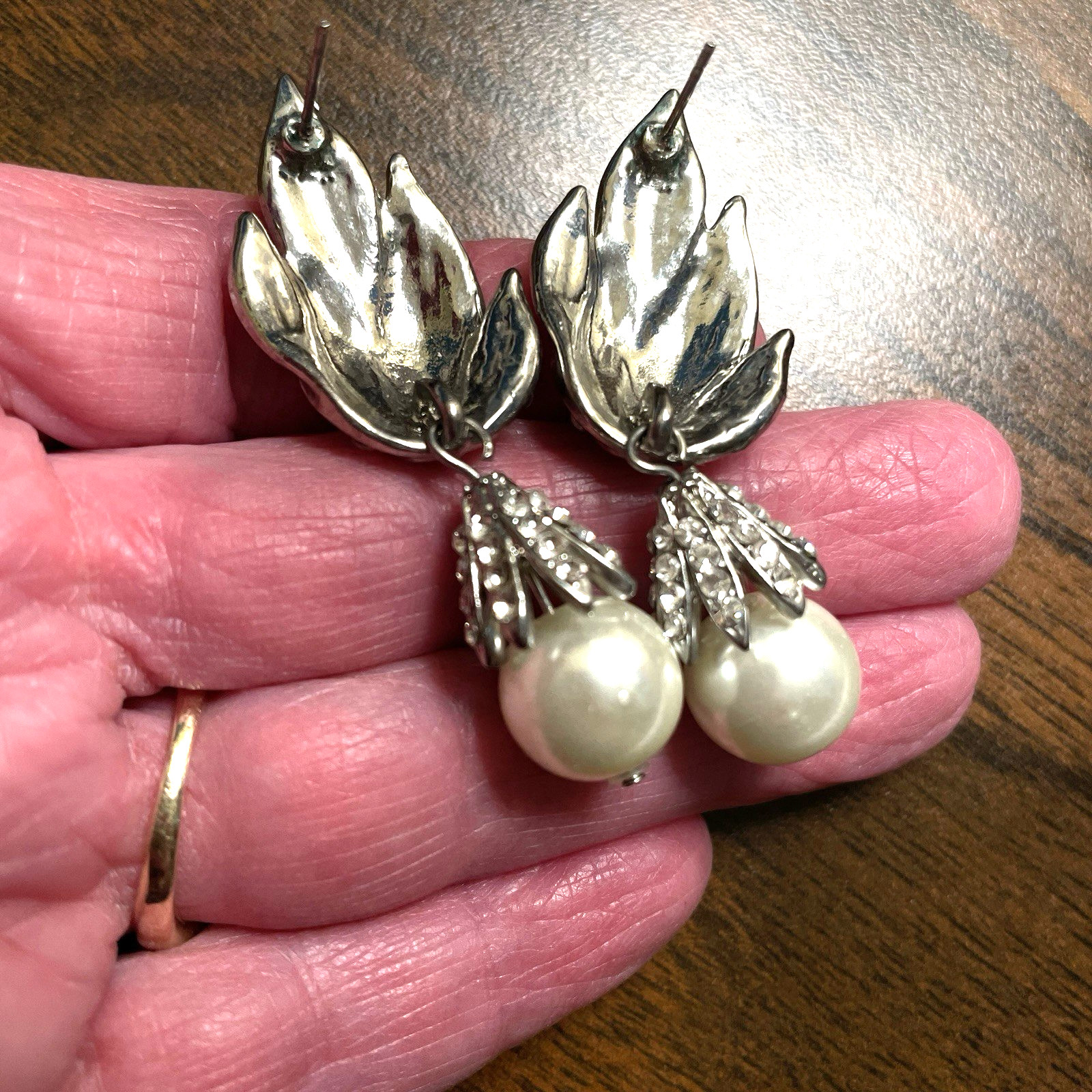 Prom Wedding Formal Earrings Fancy Drop Dangle w Faux Pearls Crystal Accents
