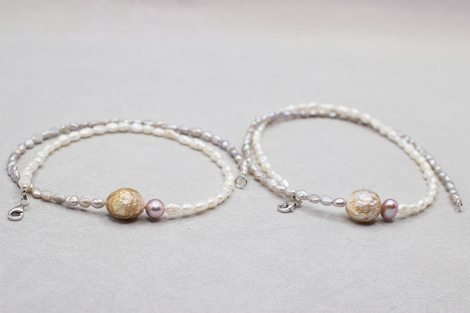 Pastel Pearl Choker Floating Carved Pearl Sterling Silver Handmade Necklace