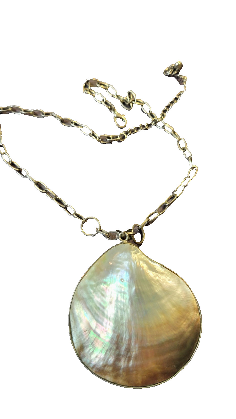 South sea mother of pearl pendant on 16″ silvertone chain with extender by Ivana